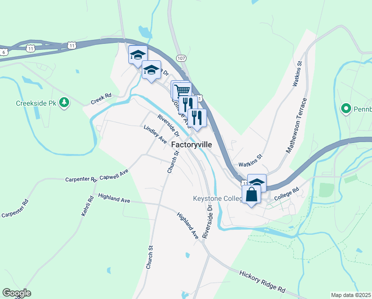map of restaurants, bars, coffee shops, grocery stores, and more near 219 Riverside Drive in Factoryville