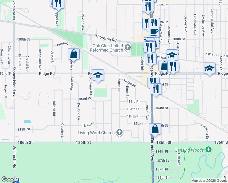map of restaurants, bars, coffee shops, grocery stores, and more near 19043 Wentworth Avenue in Lansing