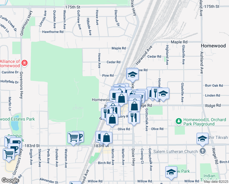 map of restaurants, bars, coffee shops, grocery stores, and more near 18015 Park Avenue in Homewood