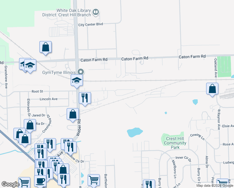 map of restaurants, bars, coffee shops, grocery stores, and more near 1346 Harvest Drive in Crest Hill
