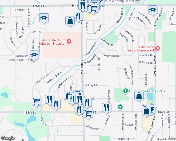 map of restaurants, bars, coffee shops, grocery stores, and more near 17902 Millstone Road in Hazel Crest