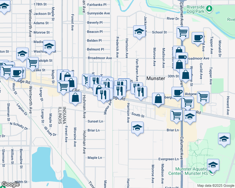 map of restaurants, bars, coffee shops, grocery stores, and more near 8200-8310 Harrison Avenue in Munster