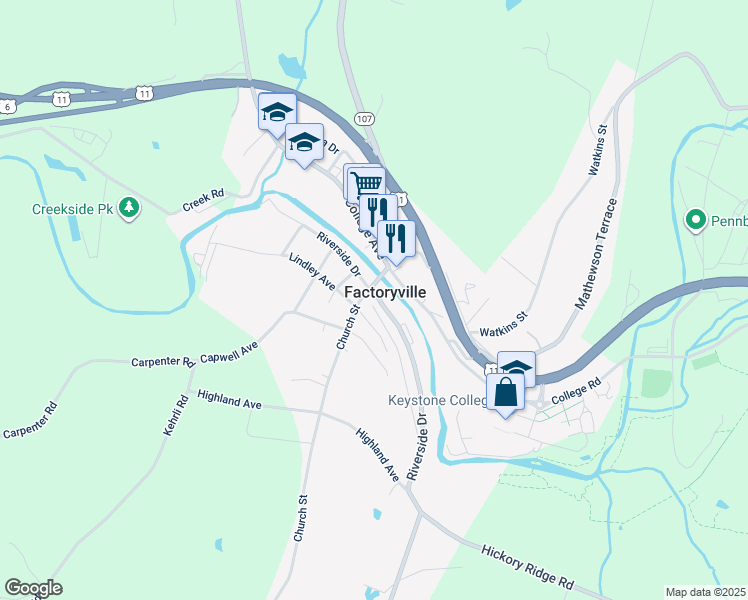 map of restaurants, bars, coffee shops, grocery stores, and more near 219 Riverside Drive in Factoryville