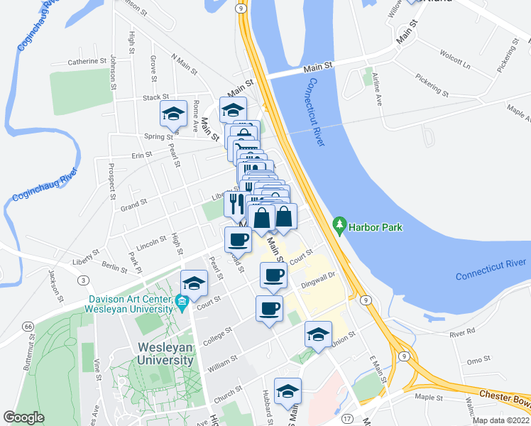 map of restaurants, bars, coffee shops, grocery stores, and more near 73 Ferry Street in Middletown