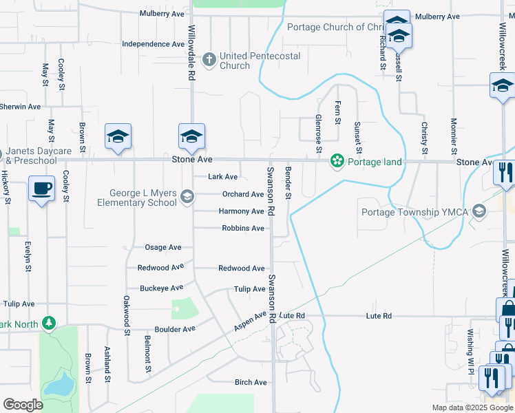 map of restaurants, bars, coffee shops, grocery stores, and more near 5500-5682 Orchard Ave in Portage