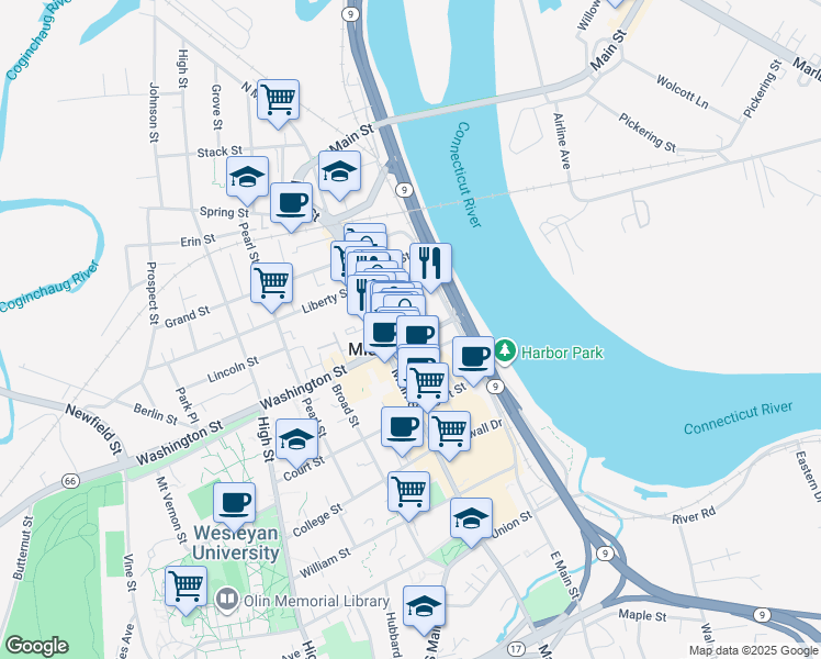 map of restaurants, bars, coffee shops, grocery stores, and more near 42 Washington Street in Middletown