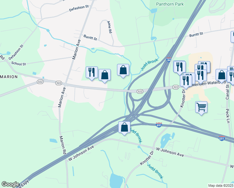 map of restaurants, bars, coffee shops, grocery stores, and more near 2113 Meriden-Waterbury Turnpike in Southington