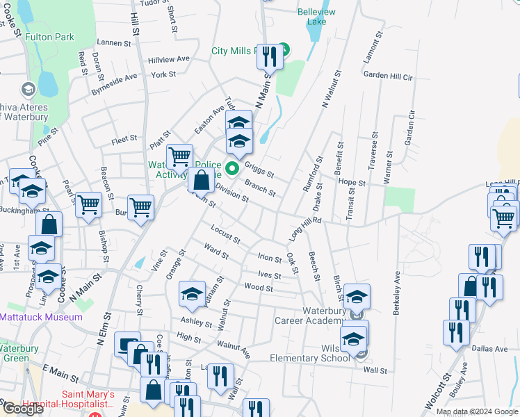 map of restaurants, bars, coffee shops, grocery stores, and more near 56 Branch Street in Waterbury