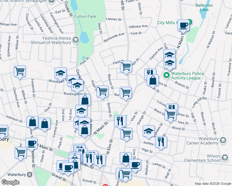 map of restaurants, bars, coffee shops, grocery stores, and more near 50 Summer Street in Waterbury