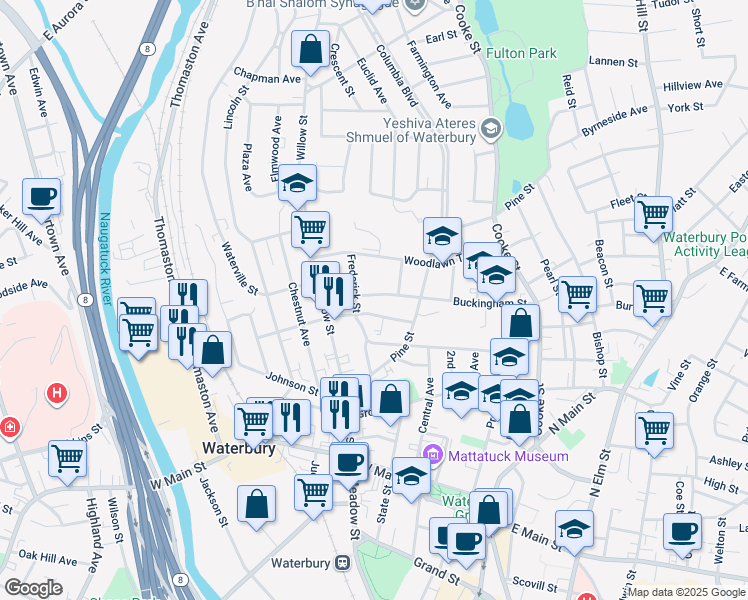 map of restaurants, bars, coffee shops, grocery stores, and more near 184 Buckingham Street in Waterbury