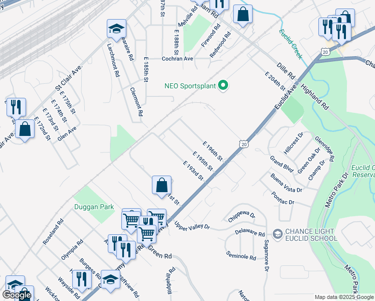 map of restaurants, bars, coffee shops, grocery stores, and more near 1500 East 196th Street in Euclid