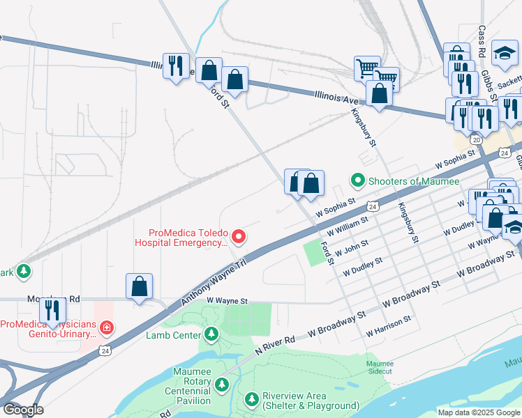 map of restaurants, bars, coffee shops, grocery stores, and more near 803 Ford Street in Maumee