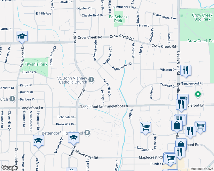 map of restaurants, bars, coffee shops, grocery stores, and more near 4130 Apple Valley Drive in Bettendorf