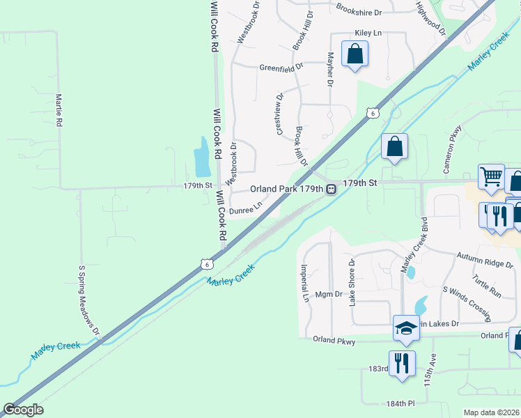 map of restaurants, bars, coffee shops, grocery stores, and more near 11909 Cormoy Lane in Orland Park