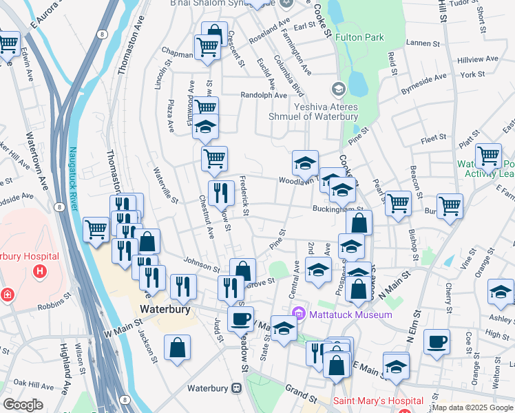 map of restaurants, bars, coffee shops, grocery stores, and more near 191 Buckingham Street in Waterbury