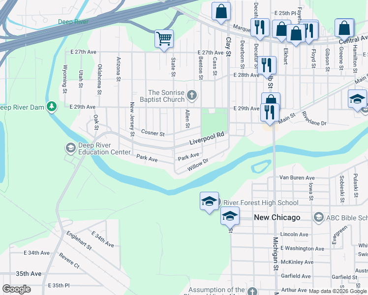 map of restaurants, bars, coffee shops, grocery stores, and more near 1792 Liverpool Road in Lake Station