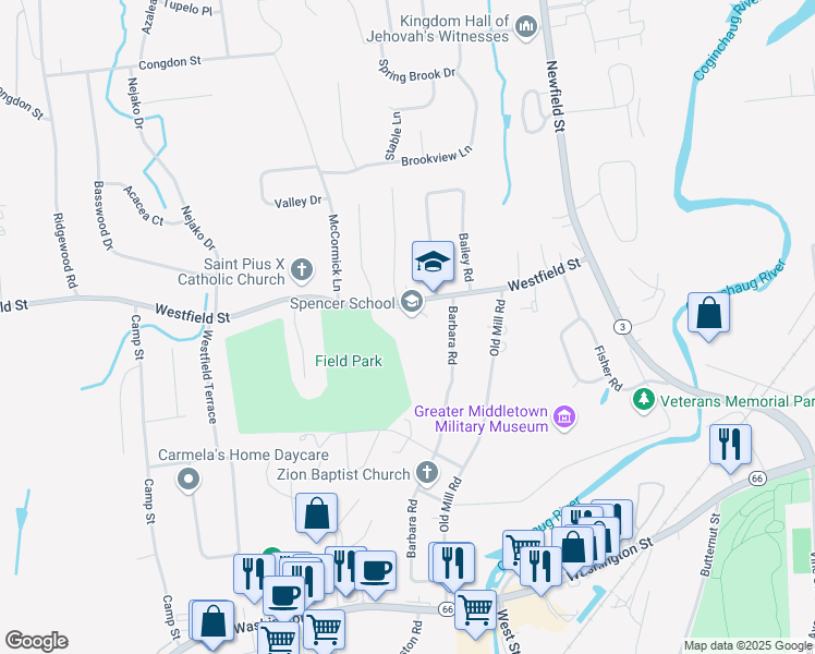 map of restaurants, bars, coffee shops, grocery stores, and more near 207 Westfield Street in Middletown