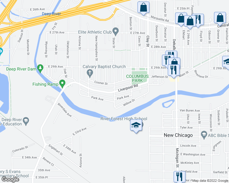 map of restaurants, bars, coffee shops, grocery stores, and more near 424 Liverpool Road in Lake Station