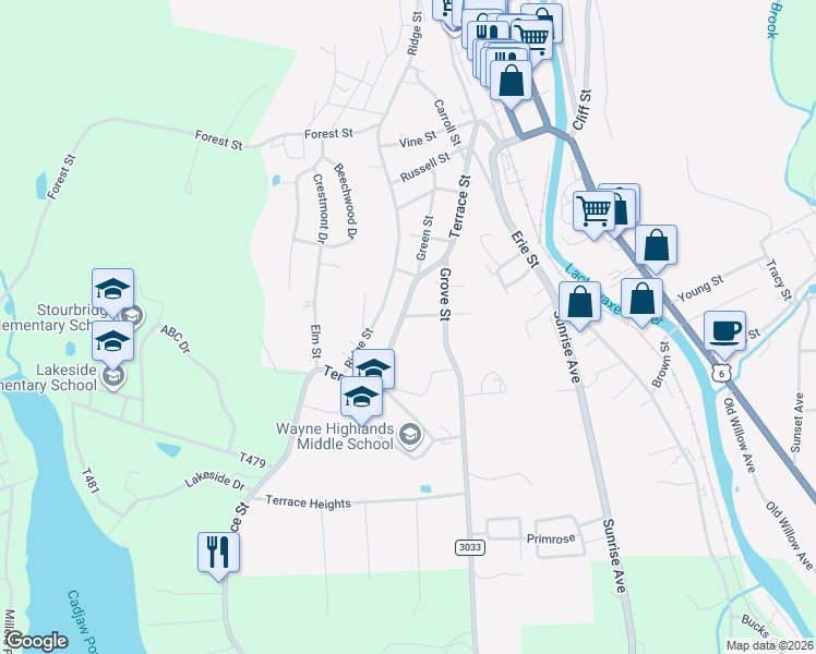 map of restaurants, bars, coffee shops, grocery stores, and more near 357 Terrace Street in Honesdale