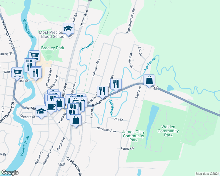 map of restaurants, bars, coffee shops, grocery stores, and more near 9 Oakland Avenue in Walden
