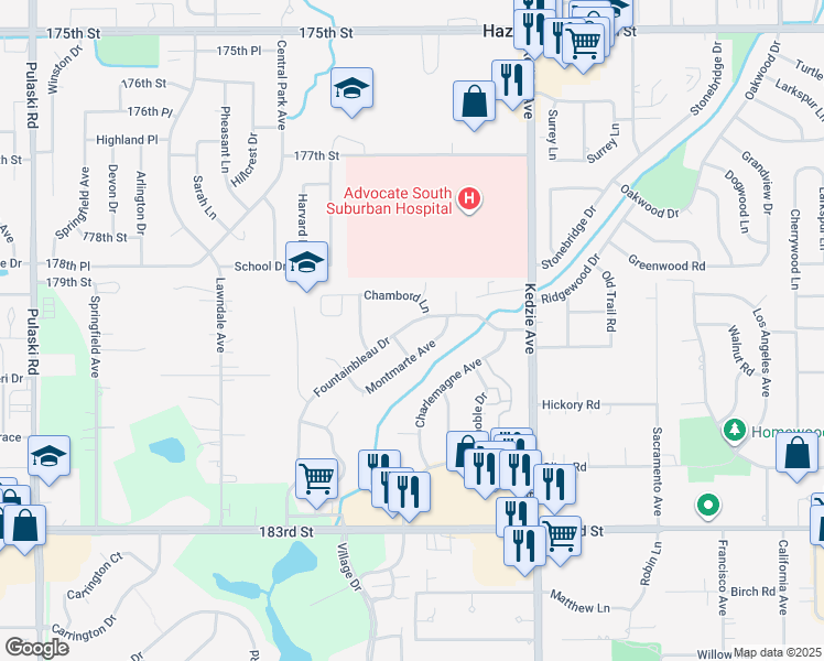 map of restaurants, bars, coffee shops, grocery stores, and more near 3317 Fountainbleau Drive in Hazel Crest