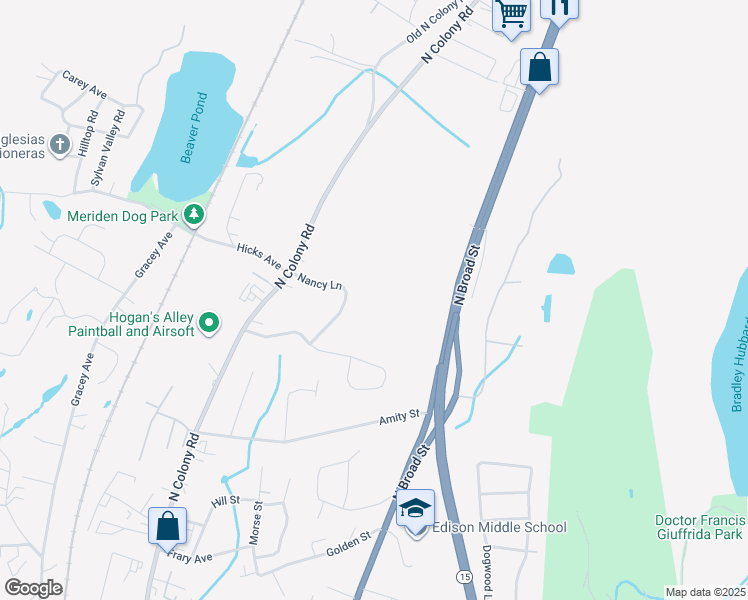 map of restaurants, bars, coffee shops, grocery stores, and more near 1594D North Broad Street in Meriden
