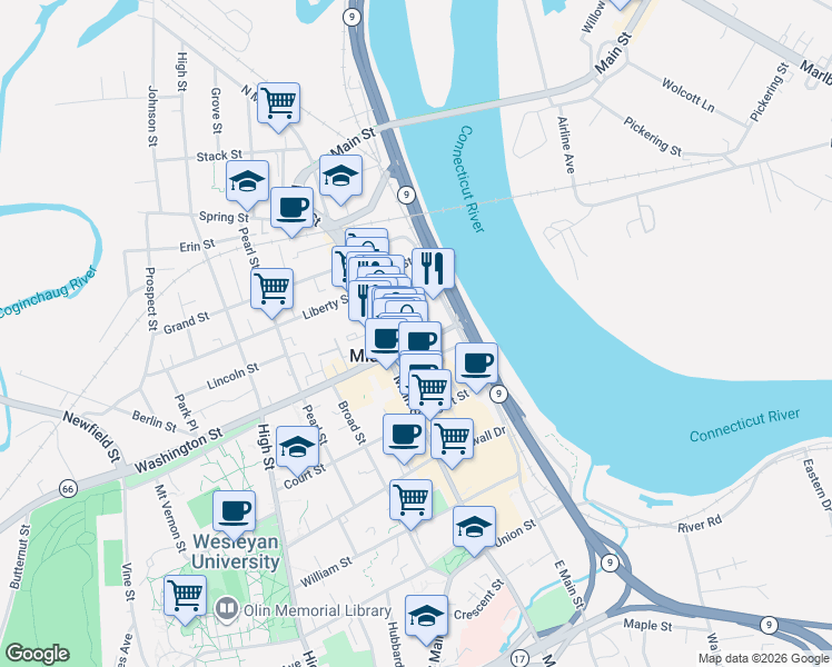 map of restaurants, bars, coffee shops, grocery stores, and more near 6 Alsop Avenue in Middletown