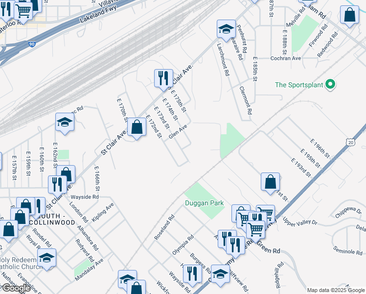 map of restaurants, bars, coffee shops, grocery stores, and more near 1531 East 173rd Street in Cleveland