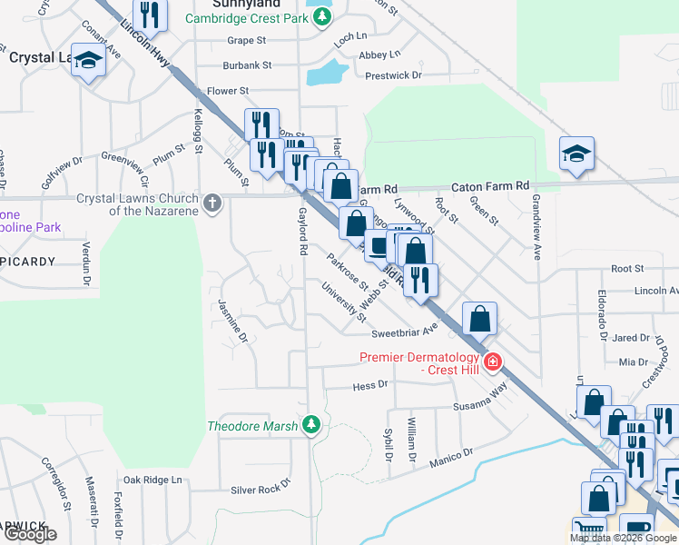 map of restaurants, bars, coffee shops, grocery stores, and more near 2321 Parkrose Street in Crest Hill