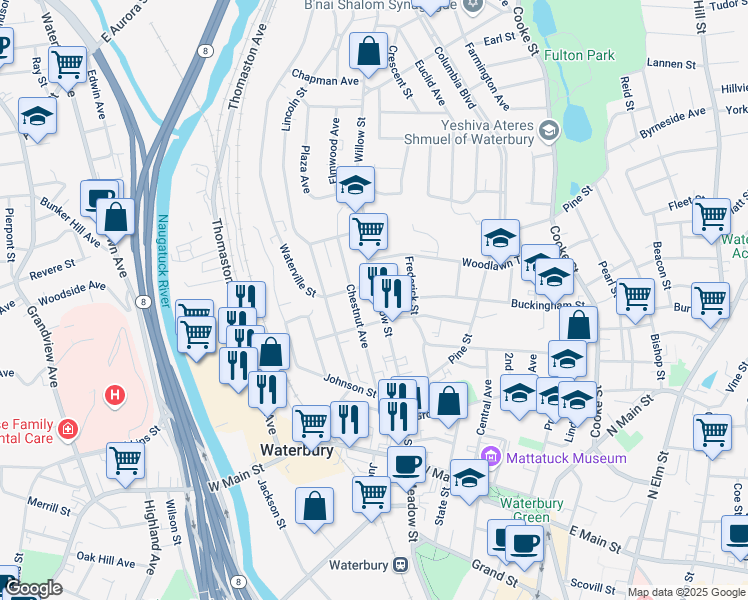 map of restaurants, bars, coffee shops, grocery stores, and more near 215 Willow Street in Waterbury