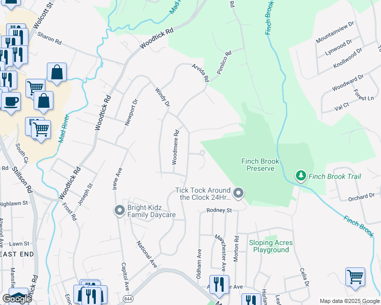 map of restaurants, bars, coffee shops, grocery stores, and more near 306 Beth Lane in Waterbury