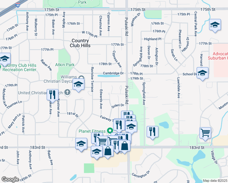 map of restaurants, bars, coffee shops, grocery stores, and more near 17985 Huntleigh Court in Country Club Hills