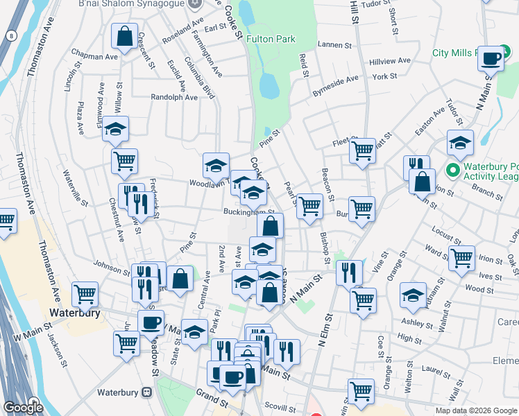 map of restaurants, bars, coffee shops, grocery stores, and more near 28 Buckingham Street in Waterbury