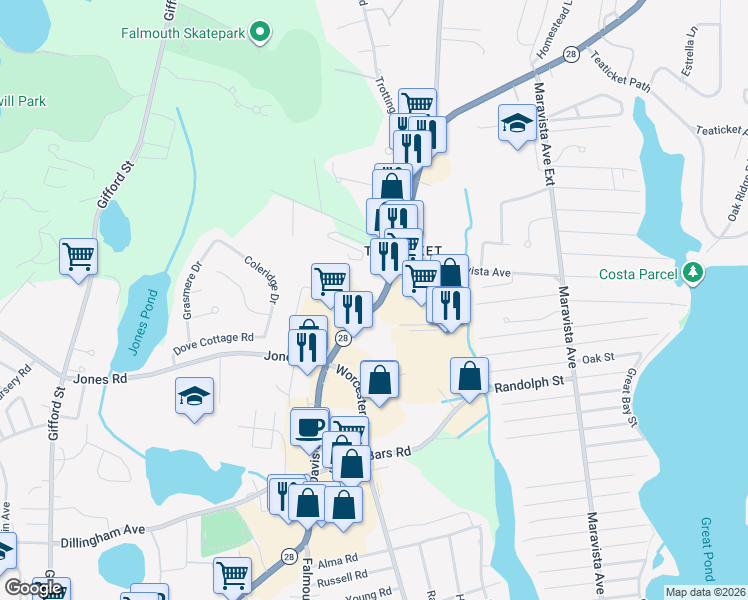 map of restaurants, bars, coffee shops, grocery stores, and more near 100 Teaticket Highway in Falmouth