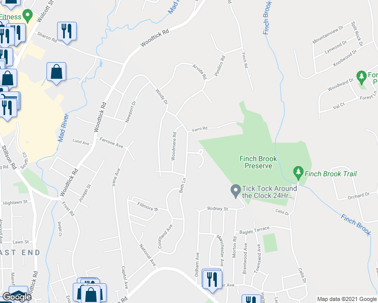 map of restaurants, bars, coffee shops, grocery stores, and more near 306 Beth Lane in Waterbury