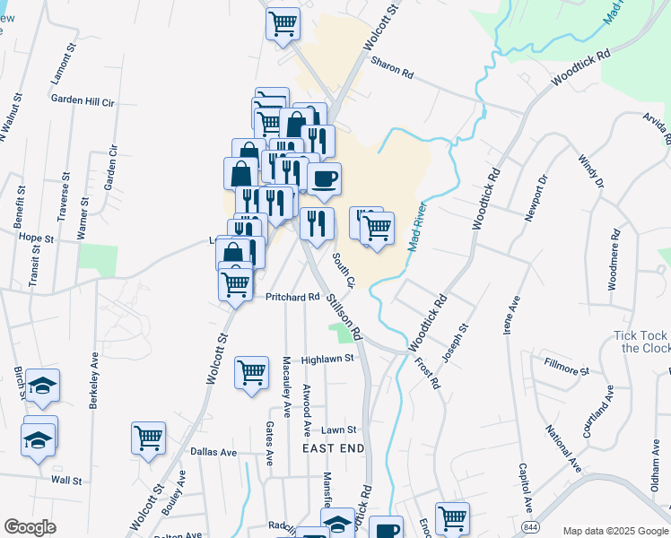 map of restaurants, bars, coffee shops, grocery stores, and more near 23 Framingham Drive in Waterbury