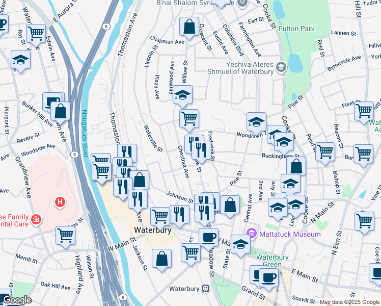 map of restaurants, bars, coffee shops, grocery stores, and more near 215 Willow Street in Waterbury