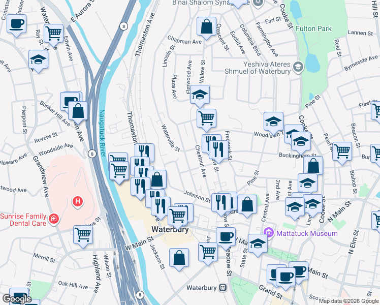 map of restaurants, bars, coffee shops, grocery stores, and more near 12 Wyman Street in Waterbury