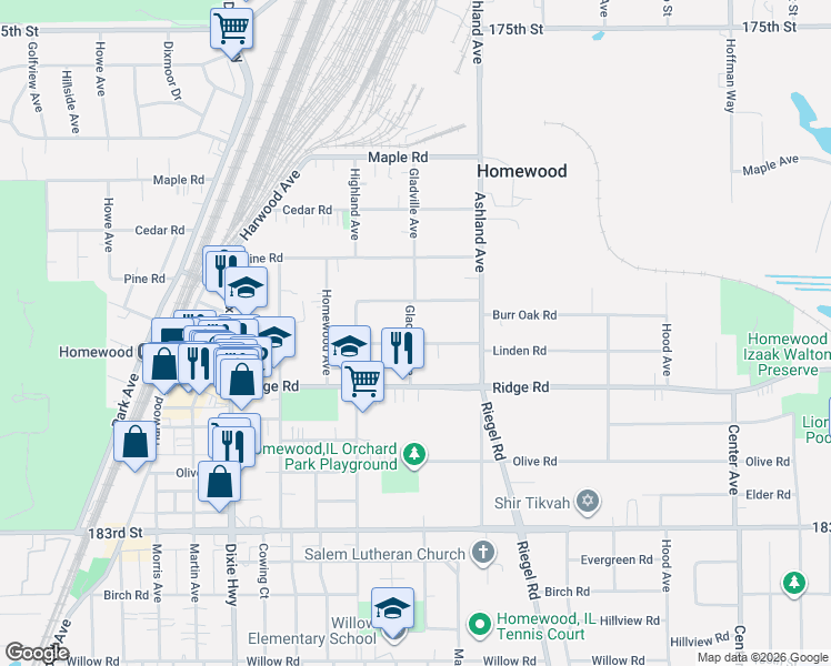 map of restaurants, bars, coffee shops, grocery stores, and more near 17930 Gladville Avenue in Homewood