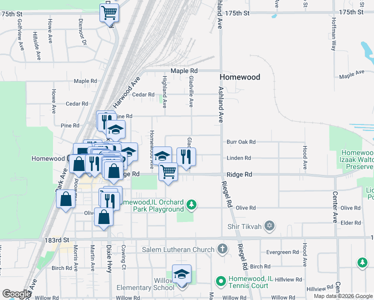 map of restaurants, bars, coffee shops, grocery stores, and more near 17930 Gladville Avenue in Homewood
