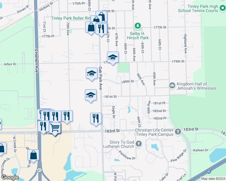 map of restaurants, bars, coffee shops, grocery stores, and more near 6715 180th Street in Tinley Park
