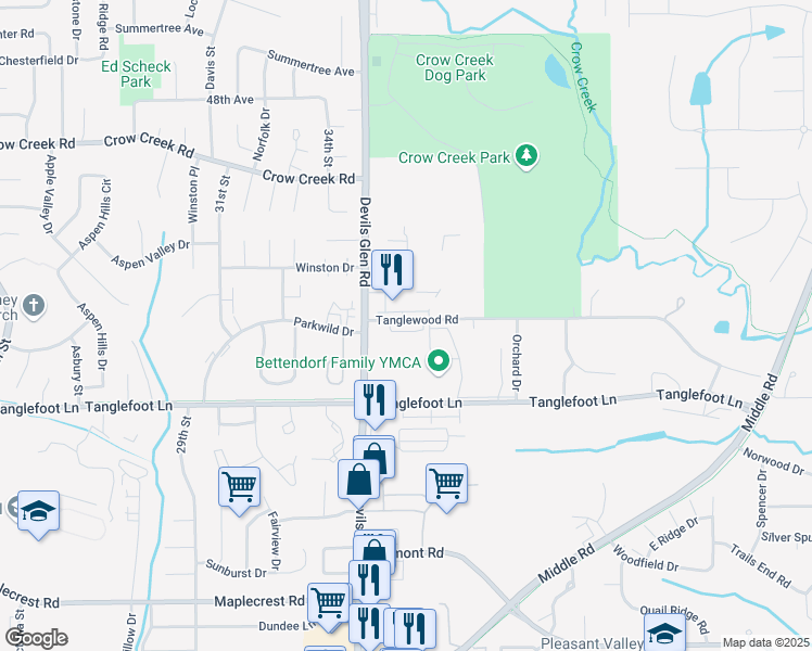 map of restaurants, bars, coffee shops, grocery stores, and more near 3636 Tanglewood Road in Bettendorf