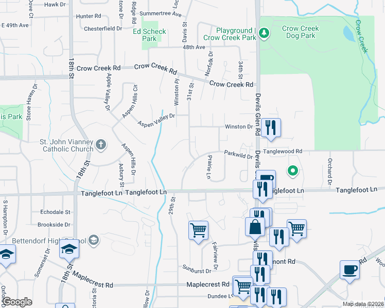 map of restaurants, bars, coffee shops, grocery stores, and more near 4125 31st Street in Bettendorf