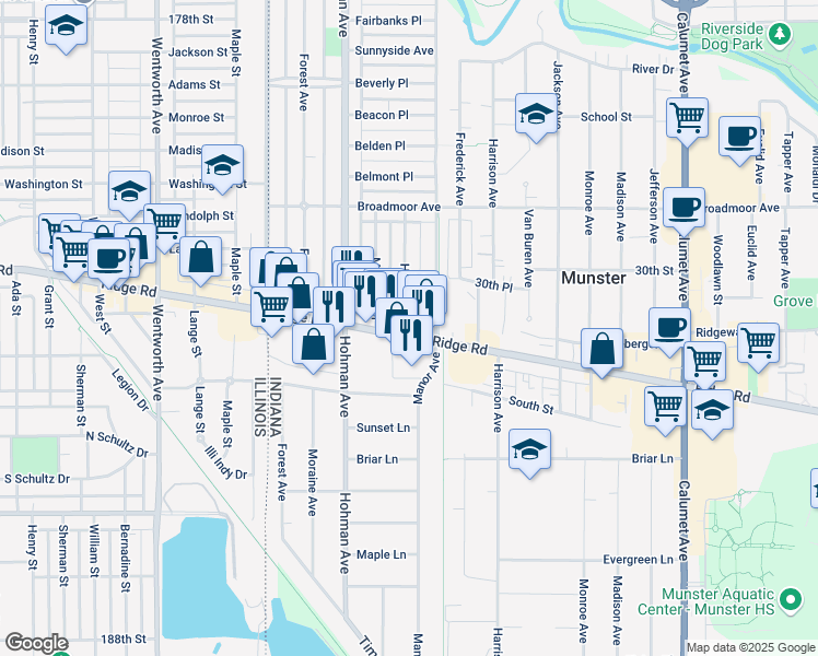 map of restaurants, bars, coffee shops, grocery stores, and more near 8234 Highland Place in Munster