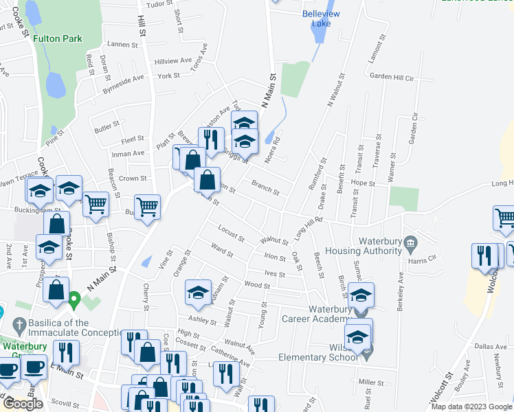 map of restaurants, bars, coffee shops, grocery stores, and more near 110 Division Street in Waterbury