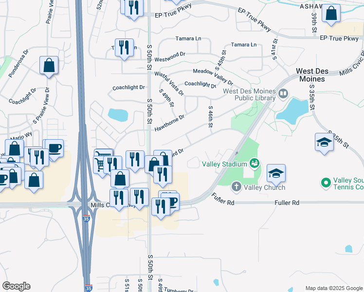 map of restaurants, bars, coffee shops, grocery stores, and more near 4822 Ashley Park Drive in West Des Moines