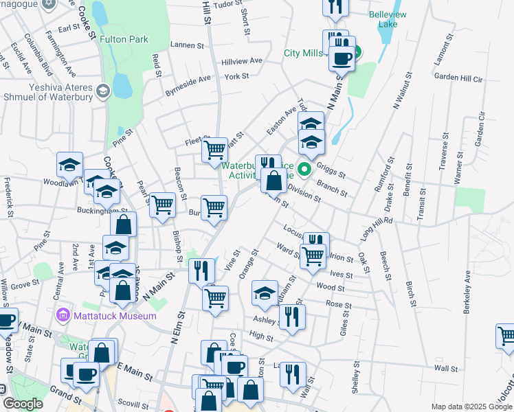 map of restaurants, bars, coffee shops, grocery stores, and more near 23 East Farm Street in Waterbury