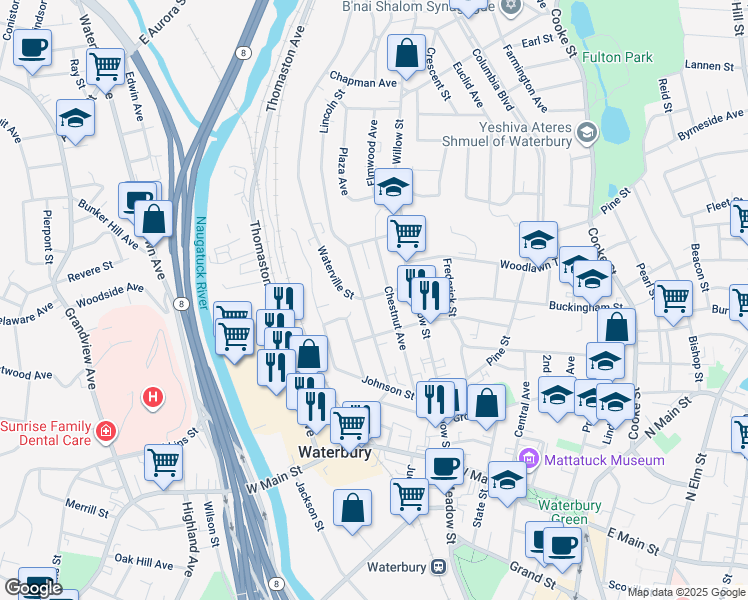 map of restaurants, bars, coffee shops, grocery stores, and more near 12 Wyman Street in Waterbury