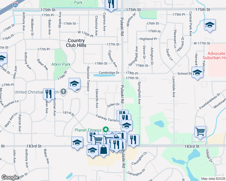 map of restaurants, bars, coffee shops, grocery stores, and more near 17985 Huntleigh Court in Country Club Hills
