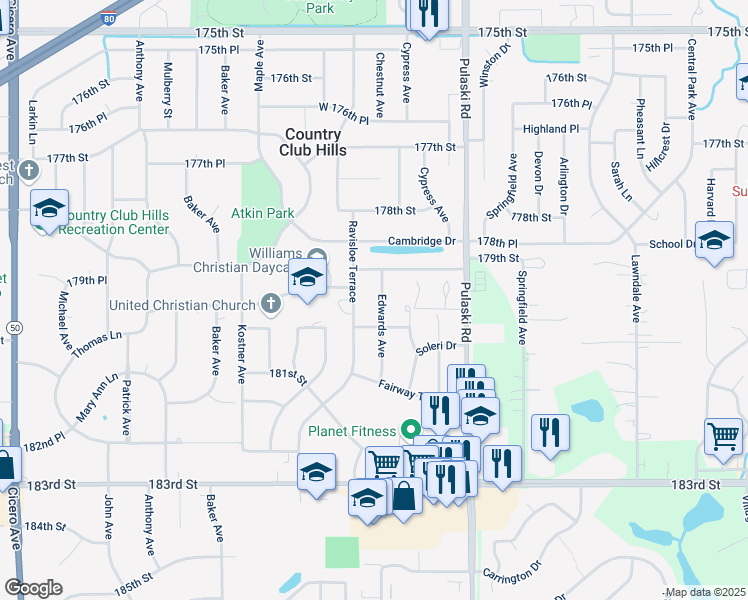 map of restaurants, bars, coffee shops, grocery stores, and more near 17935 Edwards Avenue in Country Club Hills